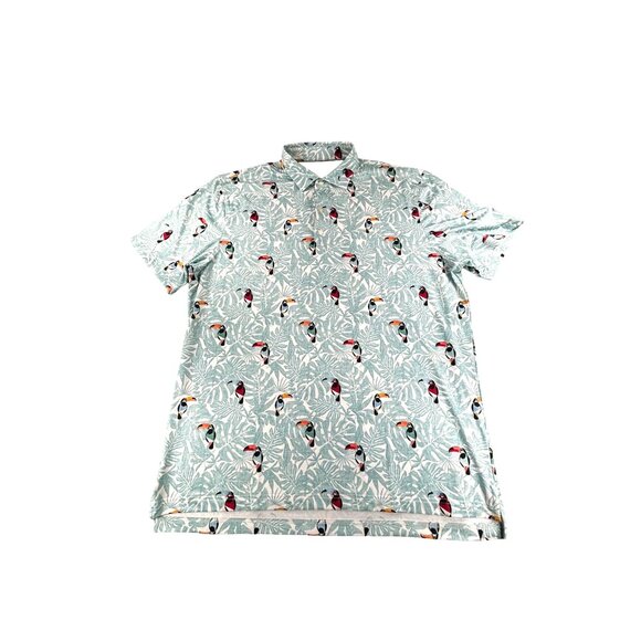 Johnnie-O Toucan Bird Polo Shirt Mens XL Short Sleeve Blend Turquoise - Picture 2 of 8